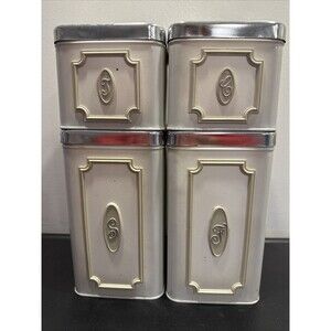 EKCO Canada Vintage Metal MCM Kitchen Canister Set Of 4 White Silver Green Trim